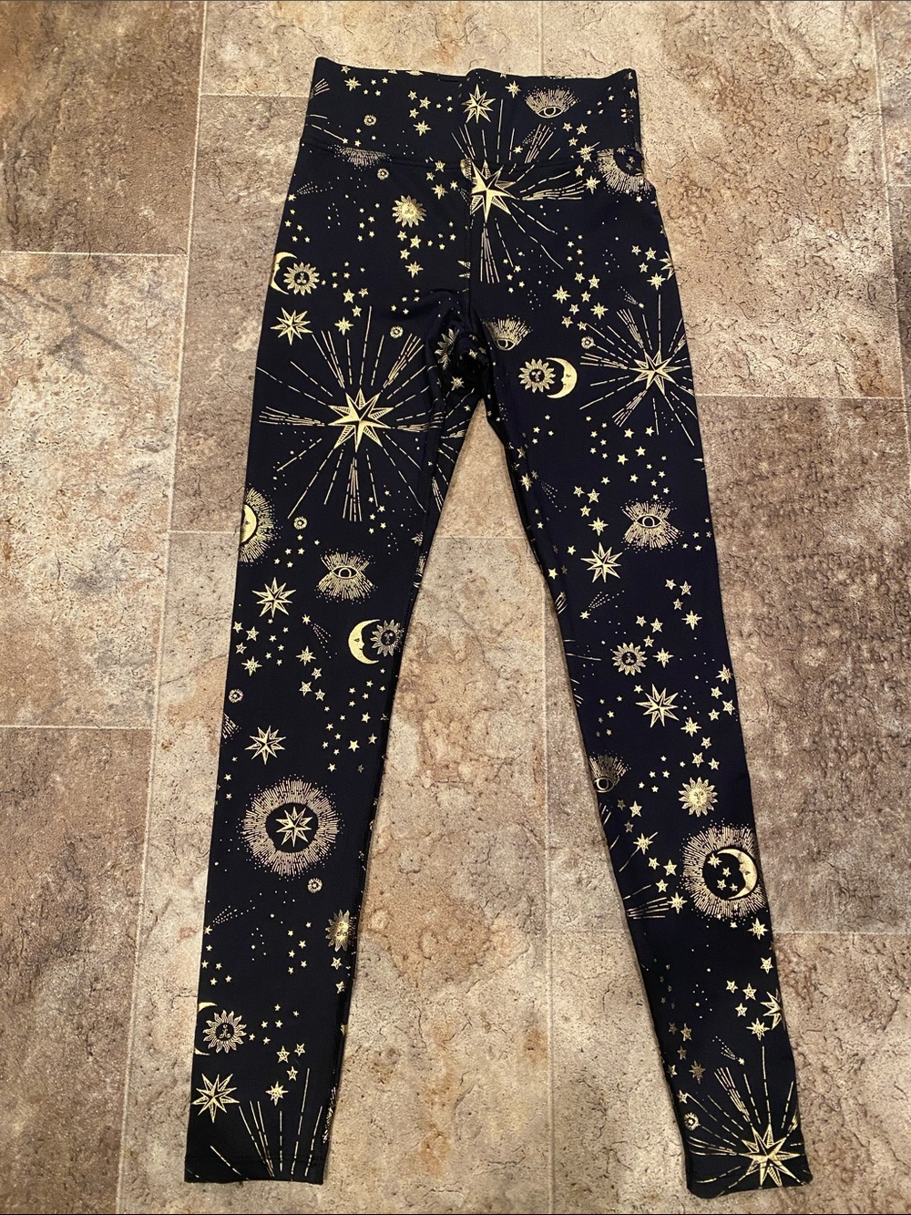 Carbon38 Black Leggings with Gold Celestial Print, XS